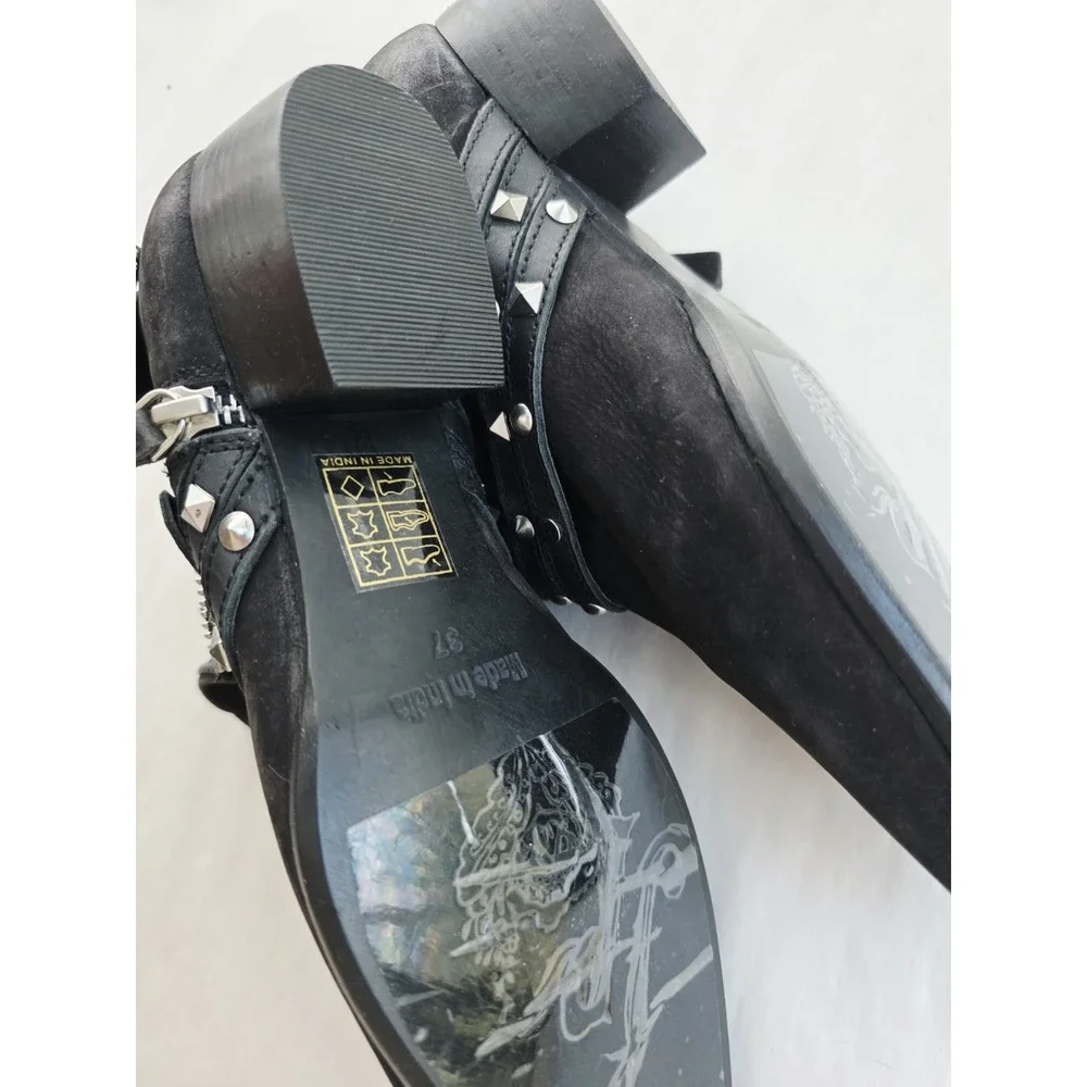 Free People Chesa Black Suede Leather Studded Low Bootie Size 37 US 7 NEW Grunge